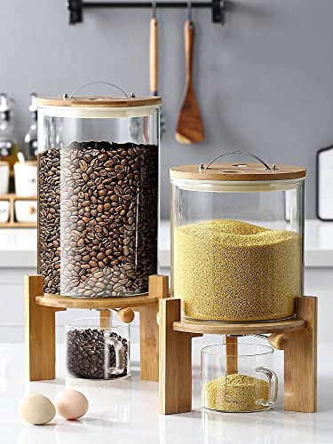 Glass Rice Dispenser Countertop, 5L/8L Flour Cereal Grain Dispenser Container with Wooden Stand and Measuring Cup, Rice Food Storage Container Dispenser for Kitchen and Pantry Store with Airtight Lid