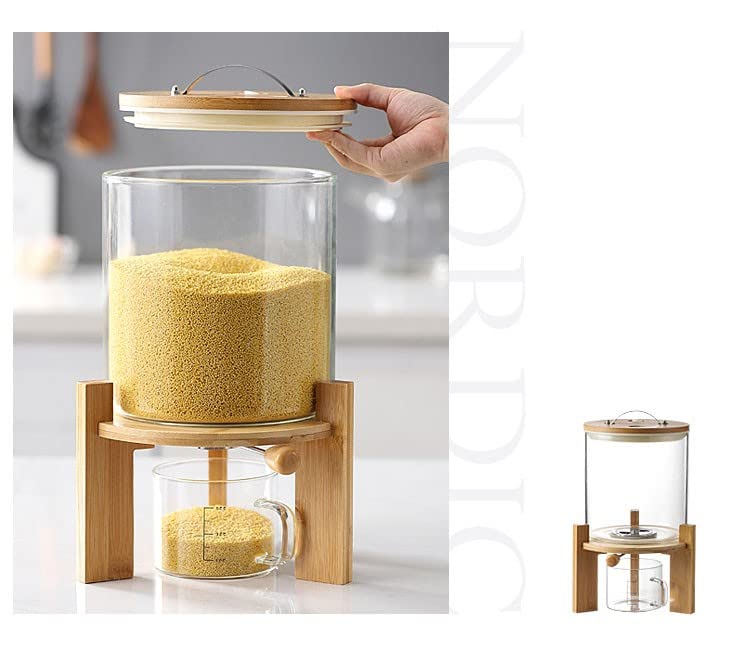 Glass Rice Dispenser Countertop, 5L/8L Flour Cereal Grain Dispenser Container with Wooden Stand and Measuring Cup, Rice Food Storage Container Dispenser for Kitchen and Pantry Store with Airtight Lid