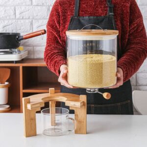 Glass Rice Dispenser Countertop, 5L/8L Flour Cereal Grain Dispenser Container with Wooden Stand and Measuring Cup, Rice Food Storage Container Dispenser for Kitchen and Pantry Store with Airtight Lid