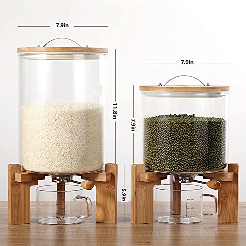 Glass Rice Dispenser Countertop, 5L/8L Flour Cereal Grain Dispenser Container with Wooden Stand and Measuring Cup, Rice Food Storage Container Dispenser for Kitchen and Pantry Store with Airtight Lid