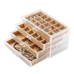 frebeauty earring organizer box,acrylic jewelry box with 4 drawers,clear jewelry organizer with velvet trays,rings necklace bracelets studs display case for women girls(khaki)