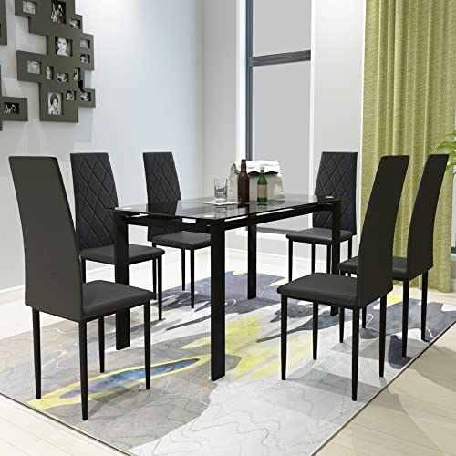 Yoglad Dining Table and Chairs, Dining Table/Chairs Set, Clean-Cutting Faux Leather Chairs, Simple Style Table with Tempered Glass Top, for Kitchen & Dining Room (Black, Chairs*6 & Table*1, Set of 7)