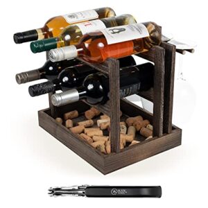 rustic state yapincak countertop wine rack with cork opener - 6 bottle 4 stemware glass holder with cork storage tray - freestanding wood tabletop display - home bar décor - burnt brown