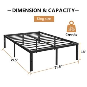 Artimorany King Size Bed Frame 18 Inches Tall, Heavy Duty Metal Platform, Steel Slats with 3000lbs, No Box Spring Needed, Easy Assembly, Noise Free, Black