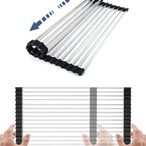Chixapopimo Roll up Dish Drying Rack Retractable 11" to 20" x 13'' Foldable Rolling Dish Drainer Over The Sink Drying Rack SUS304 Stainless Steel Sink Rack for Kitchen Counter of Various Sizes