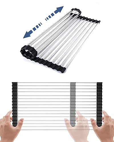 Chixapopimo Roll up Dish Drying Rack Retractable 11" to 20" x 13'' Foldable Rolling Dish Drainer Over The Sink Drying Rack SUS304 Stainless Steel Sink Rack for Kitchen Counter of Various Sizes