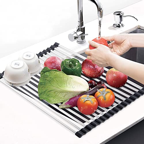 Chixapopimo Roll up Dish Drying Rack Retractable 11" to 20" x 13'' Foldable Rolling Dish Drainer Over The Sink Drying Rack SUS304 Stainless Steel Sink Rack for Kitchen Counter of Various Sizes