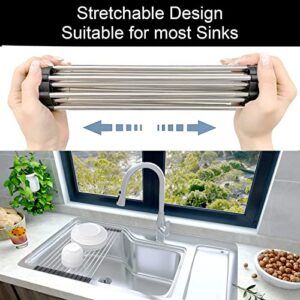 Chixapopimo Roll up Dish Drying Rack Retractable 11" to 20" x 13'' Foldable Rolling Dish Drainer Over The Sink Drying Rack SUS304 Stainless Steel Sink Rack for Kitchen Counter of Various Sizes