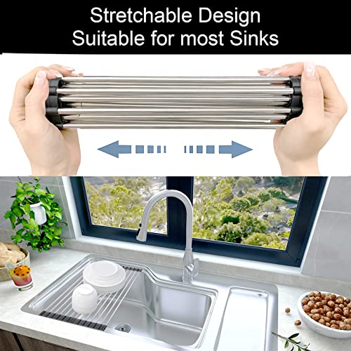 Chixapopimo Roll up Dish Drying Rack Retractable 11" to 20" x 13'' Foldable Rolling Dish Drainer Over The Sink Drying Rack SUS304 Stainless Steel Sink Rack for Kitchen Counter of Various Sizes