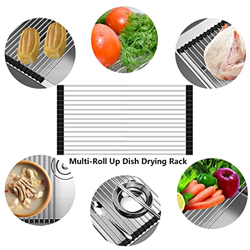 Chixapopimo Roll up Dish Drying Rack Retractable 11" to 20" x 13'' Foldable Rolling Dish Drainer Over The Sink Drying Rack SUS304 Stainless Steel Sink Rack for Kitchen Counter of Various Sizes