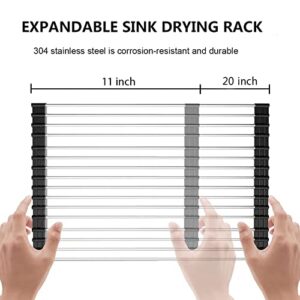 Chixapopimo Roll up Dish Drying Rack Retractable 11" to 20" x 13'' Foldable Rolling Dish Drainer Over The Sink Drying Rack SUS304 Stainless Steel Sink Rack for Kitchen Counter of Various Sizes