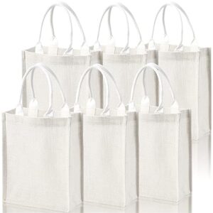 deayou 6 pack jute burlap tote bag, burlap gift bag with handle, jute beach tote laminated interior, reusable lined grocery shopping bag for bridesmaid, diy, wedding,9.8''x11.8''x3.9'', white