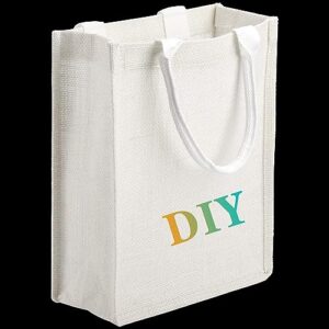 DEAYOU 6 Pack Jute Burlap Tote Bag, Burlap Gift Bag with Handle, Jute Beach Tote Laminated Interior, Reusable Lined Grocery Shopping Bag for Bridesmaid, DIY, Wedding,9.8''x11.8''x3.9'', White
