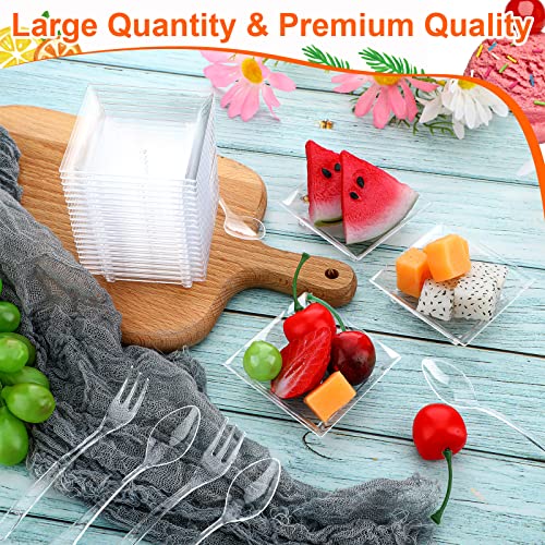 Meanplan 300 Pack Mini Appetizer Plates Clear Mini Dessert Plates Disposable Square Appetizer Plates with 150 Plastic Forks 150 Plastic Spoons for Wedding Party Supply