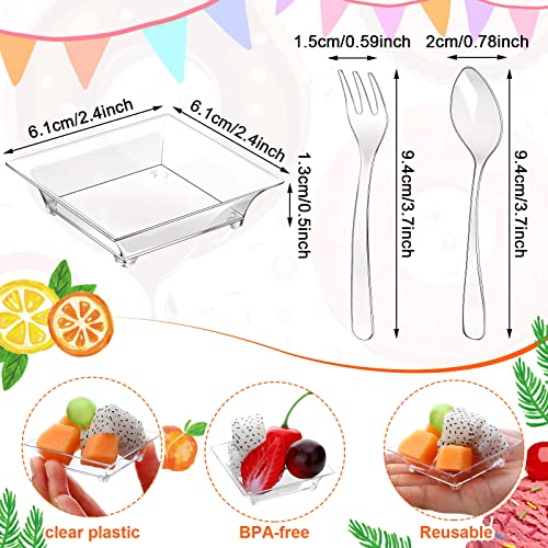 Meanplan 300 Pack Mini Appetizer Plates Clear Mini Dessert Plates Disposable Square Appetizer Plates with 150 Plastic Forks 150 Plastic Spoons for Wedding Party Supply