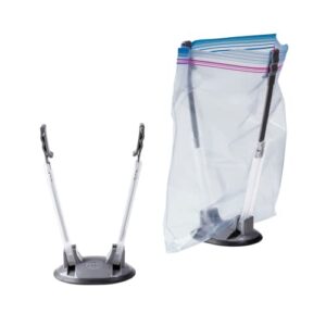 ppp (2 pack) baggy rack holder for food prep bag | meal planning | ziploc bag holder | adjustable freezer bag holder stand | hands free baggie holder | non-slip rubber base (grey)