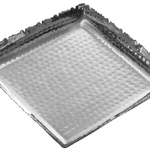 Red Co. 8” x 8” Square Decorative Silver Hammered Metal Serving Platter Tray with Torn Rim, Small