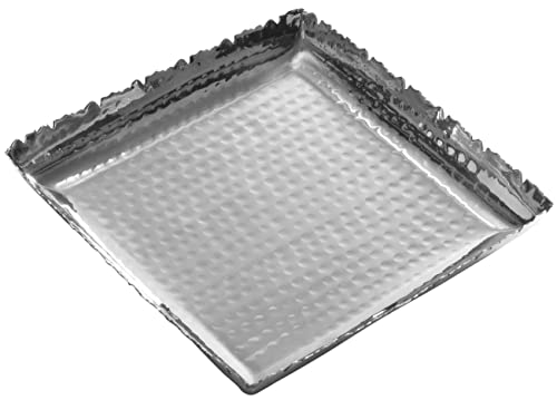 Red Co. 8” x 8” Square Decorative Silver Hammered Metal Serving Platter Tray with Torn Rim, Small