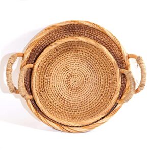 rattan round serving tray with handle for coffee table wicker woven small large bread basket storage bathroom home decorative tray organizer tabletop for remotes, candles, and vase (set of 2)