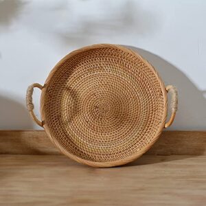 Rattan Round Serving Tray with Handle for Coffee Table Wicker Woven Small Large Bread Basket Storage Bathroom Home Decorative Tray Organizer Tabletop for Remotes, Candles, and Vase (Set of 2)