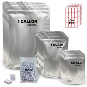 100pcs mylar bags for food storage with 300cc oxygen absorbers & labels- 9.5 mil thick variety pack of 10"x14", 6"x9", 4"x6" reusable zip lock bags