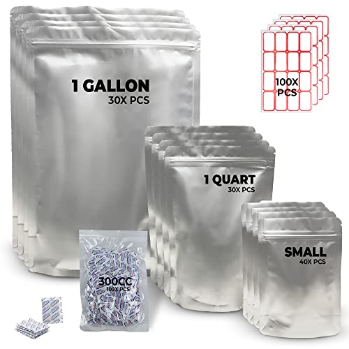 100pcs Mylar Bags for food storage with 300cc oxygen absorbers & Labels- 9.5 Mil Thick variety pack of 10"x14", 6"x9", 4"x6" reusable zip lock bags