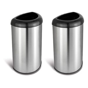 ninestars 13 gal stainless steel semi round open top trash can w/ finger print resisting brushed finish and ring liner, silver can, black lid (2 pack)