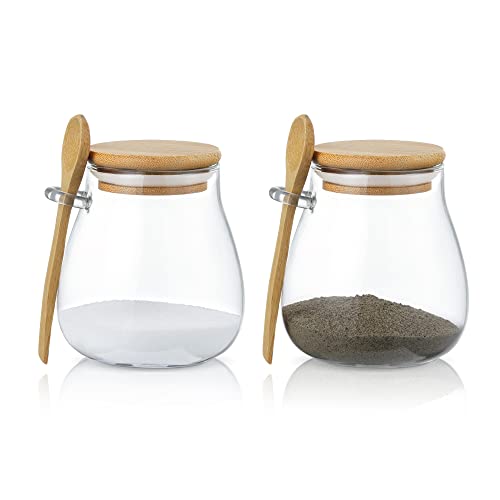 Joeyan Glass Jar with Airtight Bamboo Lid and Spoon Attached, 12 oz Salt Sugar Spice Seasoning Container, Clear Condiment Pot, Glass Food Storage Canister for Kitchen Countertop Pantry, Set of 2