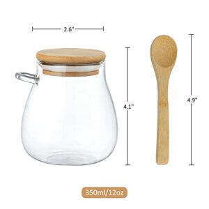 Joeyan Glass Jar with Airtight Bamboo Lid and Spoon Attached, 12 oz Salt Sugar Spice Seasoning Container, Clear Condiment Pot, Glass Food Storage Canister for Kitchen Countertop Pantry, Set of 2