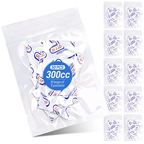 VXYW 50 Packets 300cc Oxygen Absorbers for Food Storage, Food Grade Individually Wrapped O2 Absorbers for Mylar Bags Mason Jars (5 Packets of 10 Bags)