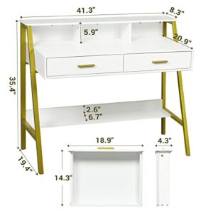 Tiptiper Modern Computer Desk with Drawers, Home Office Desk with Monitor Stand and Built-in Hutch, Writing Desk Workstation Table with Bookshelf, for Work & Study, White and Gold