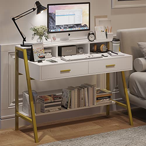 Tiptiper Modern Computer Desk with Drawers, Home Office Desk with Monitor Stand and Built-in Hutch, Writing Desk Workstation Table with Bookshelf, for Work & Study, White and Gold