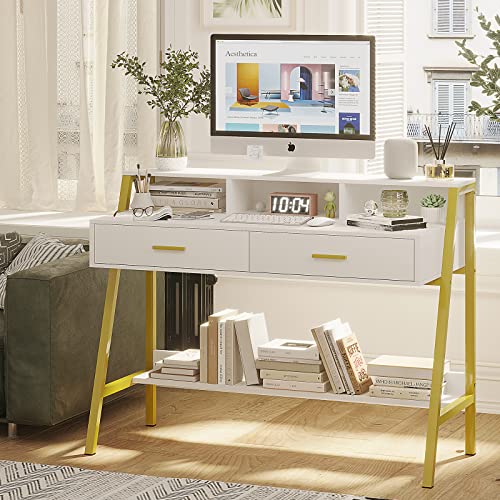 Tiptiper Modern Computer Desk with Drawers, Home Office Desk with Monitor Stand and Built-in Hutch, Writing Desk Workstation Table with Bookshelf, for Work & Study, White and Gold