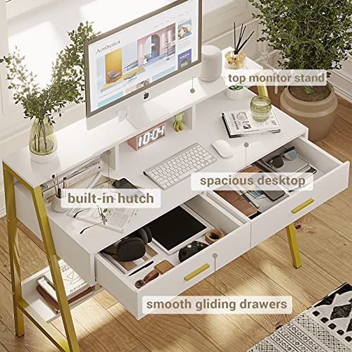 Tiptiper Modern Computer Desk with Drawers, Home Office Desk with Monitor Stand and Built-in Hutch, Writing Desk Workstation Table with Bookshelf, for Work & Study, White and Gold