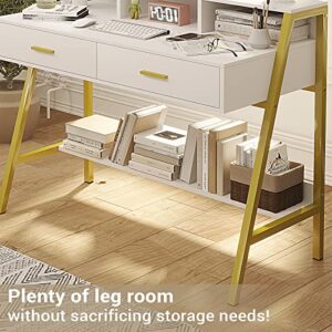 Tiptiper Modern Computer Desk with Drawers, Home Office Desk with Monitor Stand and Built-in Hutch, Writing Desk Workstation Table with Bookshelf, for Work & Study, White and Gold