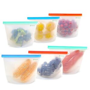 reusable silicone food storage bags, leakproof, airtight, zipper freezer bags for food. fruit, veggie, sandwich, snack storage bags. travel picnic lunch (3l+3m)
