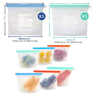 Reusable Silicone Food Storage Bags, Leakproof, Airtight, Zipper Freezer Bags for Food. Fruit, Veggie, Sandwich, Snack Storage Bags. Travel Picnic Lunch (3L+3M)