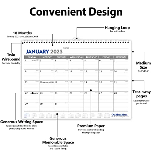 2023 Calendar - Wall Calendar from January 2023 to June 2024, 14.5 x 11 Inches, 18 Monthly Calendar with Twin-Wire Binding, Thick Paper and Ruled Blocks for Home, School and Office