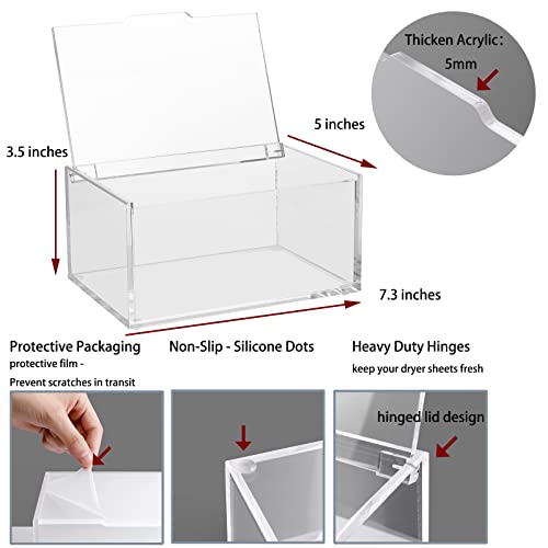 rejomiik Acrylic Dryer Sheet Holder Clear Dryer Sheet Dispenser Container Box with Lid and Anti Scratch Film for Laundry Room Fabric Softener Sheets Storage Organization, Transparent
