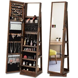 acipenser 360° rotating jewelry armoire, lockable jewelry cabinet organizer standing w/full length mirror, large storage capacity, built-in makeup mirror & 3-tier rear storage shelves, rustic brown