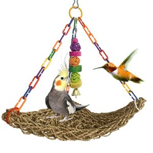 muyg bird swing toys, birds edible seagrass swing hammock mat parrot lounger with toys handmade woven hanging hammock for lovebird cockatiel canary parakeets finch budgie(2 pcs)