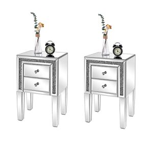 vingli mirrored nightstand set of 2 silver glass sofa/couch side tables bedroom end tables with storage, 24.8 inch tall