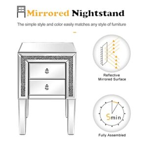 VINGLI Mirrored Nightstand Set of 2 Silver Glass Sofa/Couch Side Tables Bedroom End Tables with Storage, 24.8 inch Tall