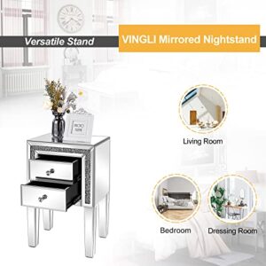 VINGLI Mirrored Nightstand Set of 2 Silver Glass Sofa/Couch Side Tables Bedroom End Tables with Storage, 24.8 inch Tall