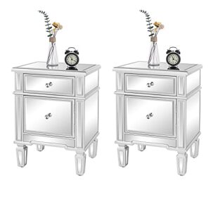 vingli nightstands set of 2 mirrored side tables glass end table with drawer for bedroom, silver