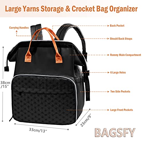 BAGSFY Knitting Bag Backpack, Large Yarn Bag for Crocheting, Crochet Bag Organizer, Yarn Storage Travel Bag, Crochet Bags and Totes, Knitting Tote Bag for Knitting Accessories and Projects（Black）