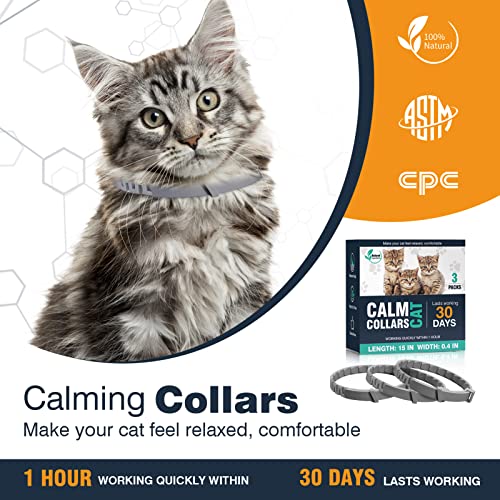 3 Packs Calming Collar for Cats, Pheromone Calm Collar Long-Lasting 30 Days Efficient Relieve Anxiety Stress Help Relaxing Comfortable Cat Calming Collars for Kittens Adjustable Breakaway Design Gray