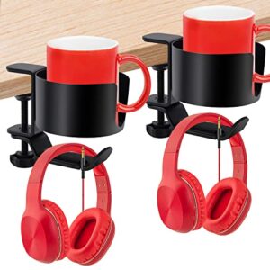 headphone hanger with cup holder, 1 pack/2 pack 2-in-1 anti-spill cup holder with under desk headphone hanger, 360° rotation headphone holder aluminum headset stand headphone hook (2 pack)