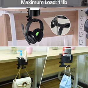 Headphone Hanger with Cup Holder, 1 Pack/2 Pack 2-in-1 Anti-Spill Cup Holder with Under Desk Headphone Hanger, 360° Rotation Headphone Holder Aluminum Headset Stand Headphone Hook (2 Pack)