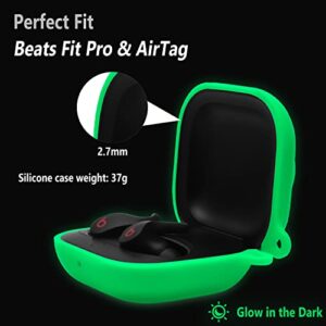 Geiomoo Silicone Case Compatible with Beats Fit Pro and Air Tag, 2 in 1 Protective Cover with Carabiner (Luminous Green)